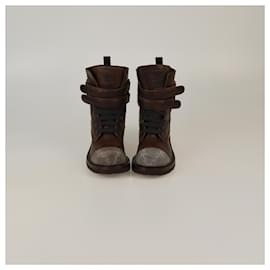 Brunello Cucinelli Brown Beaded Toe Double Strap Combat Boots Brown