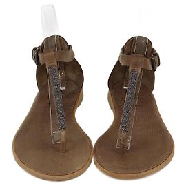 Brunello Cucinelli Brown Beaded Thong Strap Flat Sandals Brown