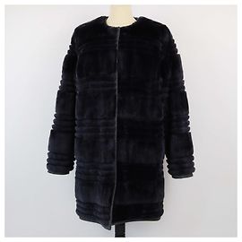 Yves Salomon Dark Blue Rex Rabbit Fur Long Coat Dark blue