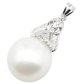 Autre Marque-K18WG White Gold Diamond Pearl Pendant Top-Silvery