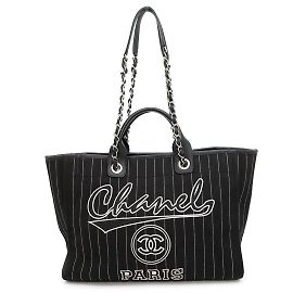 Chanel Deauville MM Canvas Chain Tote Bag Black
