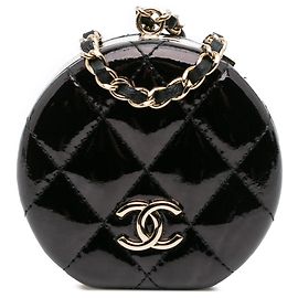 Colar de corrente com espelho redondo em couro envernizado acolchoado preto Chanel Preto
