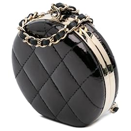 Chanel-Chanel Black Quilted Patent Round Mirror Chain Necklace-Black