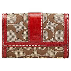 Coach Signature Canvas Leather Wallet Red Beige