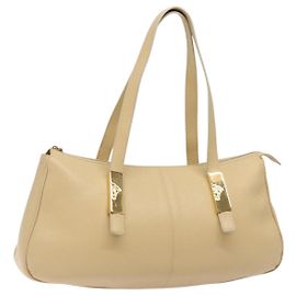 Bolsa de Ombro Gianni Versace em Couro Bege Dourado Auth BA4159 Bege Dourado