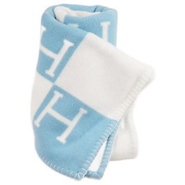 Couverture bébé Hermès Avalon Cachemire Laine Blanc Bleu Blanc Bleu