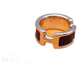 Hermès Anello HERMES Olympe XS placcato in palladio pelle di vitello nero argento 30YG575 Argento