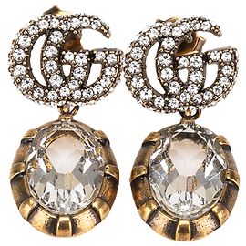 Brincos Gucci GG Marmont com cristais e fecho push back em ouro branco Branco