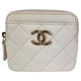 Chanel Caviar Quilted CC Zip Card Holder White Wallet White