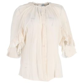 Prada Bluse aus cremefarbener Seide mit Rüschensäumen Weiß Roh