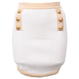 Balmain Button-Embellished Knitted Mini Skirt in White Viscose White Cream