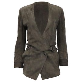 Akris Deep Neckline Wrap-Effect Blazer in Olive Goat Suede Green Olive green