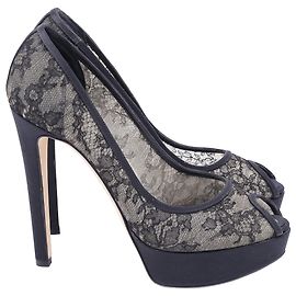 Dior Lace Peep Toe Platform Pumps in Black Satin Black