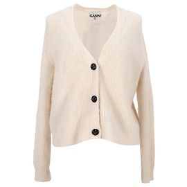 Ganni Cardigan Boutonné V-Neck en Laine Crème Blanc Écru