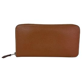 Cartera larga con cremallera de seda Epson dorada de Hermès Castaño