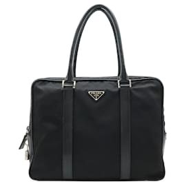 Prada-Prada Triangle Logo Nylon Saffiano Leather Briefcase-Black