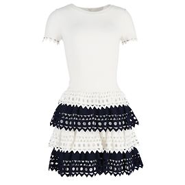 Abito Mini a Balze Perforato Alaïa in Viscosa Bianca e Blu Bianco