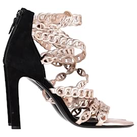 Hermès Naide Chaîne d'Ancre Sandal Heels in Gold Leather and Suede Golden