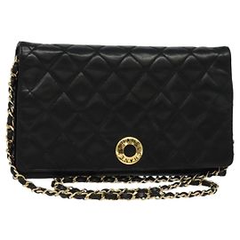 CHANEL Bolsa de Ombro Matelassé em Couro de Cordeiro Preto Ouro CC Auth bs28257 Preto Dourado