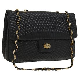 BALLY Bolsa de Ombro com Corrente Couro Preto Dourado Auth 133026 Preto Dourado