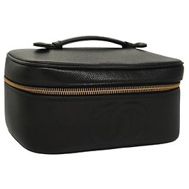 CHANEL COCO Marque Pouch Vanity Cuir Caviar Noir Or CC Auth 134647 Noir Doré