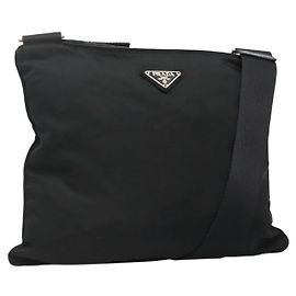 PRADA Shoulder Bag Nylon Black Silver Auth 132150 Black Silvery