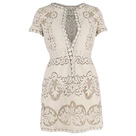 Valentino Garavani Vestido Mini em Algodão Creme com Bordado em Renda Guipure Valentino Branco Cru