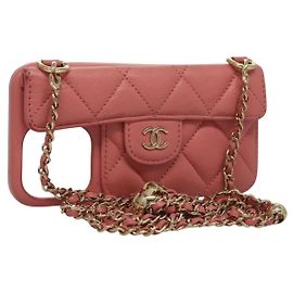 Capa para iPhone CHANEL Matelassé Corrente em Couro de Cordeiro Rosa CC Auth PP819 Rosa