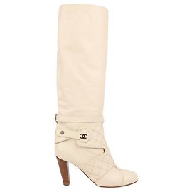 Chanel Coco Mark Matelasse 06A Leather Long Boots in Ivory G25325, Size 38.5 EU Beige