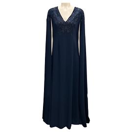 Carolina Herrera Midnight 2022 V Neck Sheath Cape Caftan Gown Navy blue