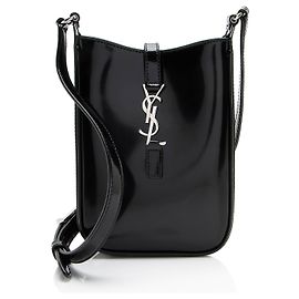 Mini borsa a tracolla verticale Monogram Le 5 À 7 in pelle verniciata Saint Laurent Nero