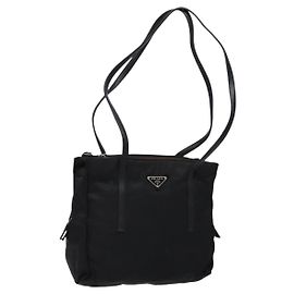 PRADA Tote Bag Nylon Leather Black Silver Auth ki5841 Black Silvery