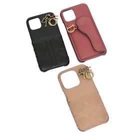 Christian Dior iPhone Case Leather 3Set Black Pink Auth 131390 Black Pink
