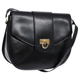 Bolsa de Ombro Gancini em Couro Preto e Dourado Auth BA4219 da Salvatore Ferragamo Preto Dourado