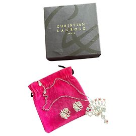 Conjunto de colar e brincos de clip vintage Christian Lacroix em metal branco, strass e pérolas Branco Multicor