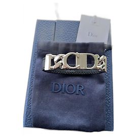 Pulseira Christian Dior de Couro e Prata Preta Preto Prata Hardware prateado