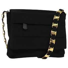 Borsa a Spalla Chain Vala in Tela Nera e Oro Auth 133753 di Salvatore Ferragamo Nero D'oro