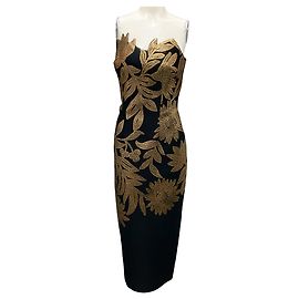 Vestido coluna sem alças em jacquard preto e dourado da Lela Rose Preto