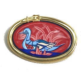 Hermès Emaille Brosche mit Vogelmotiv Rot Golden