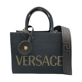 Versace Statue Logo 2-Way Canvas Tote Bag Black