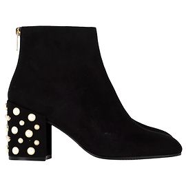Stuart Weitzman Bacari Pearl Stud Block Heel Booties in Black Suede Black