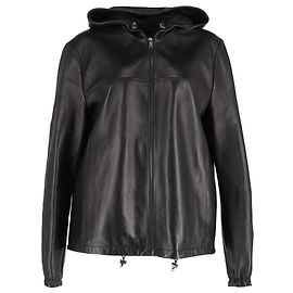 Giacca con cappuccio zip in pelle nera Prada Nero
