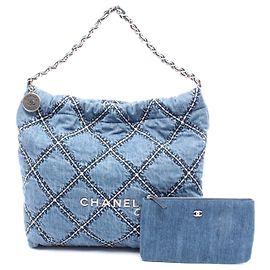 Bolsa Tote de Denim e Couro Chanel 22 Azul