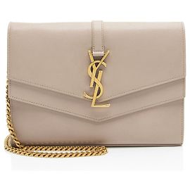 Cartera de Cadena Sulpice de Cuero Monograma Saint Laurent Castaño Beige