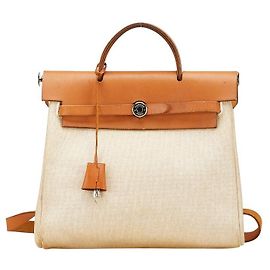 Hermès Mochila Hermes Herbag Ad PM Toile H em couro Ash Marrom Bege