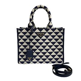 Bolsa de ombro pequena 2 em 1 em tecido com bordado símbolo Prada Branco Azul marinho