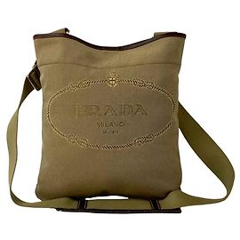 Bolsa de ombro em lona jacquard com logo Prada em couro Bege