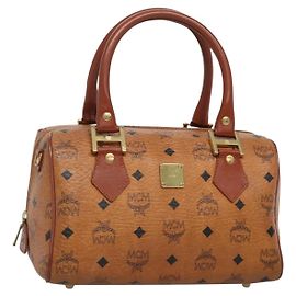 Bolsa Boston MCM Logogram Vicetos em couro PVC marrom e dourado Auth am8857 Marrom Dourado