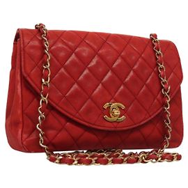 CHANEL Bolsa de Hombro Matelassé de Piel de Cordero Roja Dorada CC Auth 136059 Roja Dorado