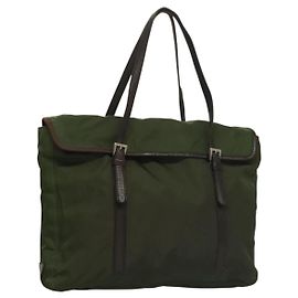 PRADA Tote Bag Nylon Khaki Silver Auth bs27300 Silvery Khaki